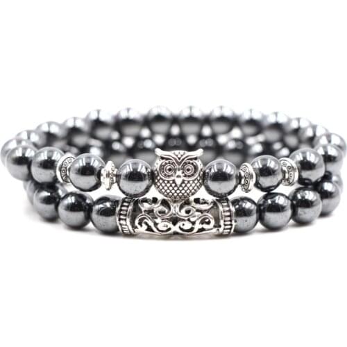 8mm 2PCS/Set ukk5 elastic adjusted Owl lion head Buddha head micro pave cz zircon cubic zirconia hematite Bangles Bracelet
