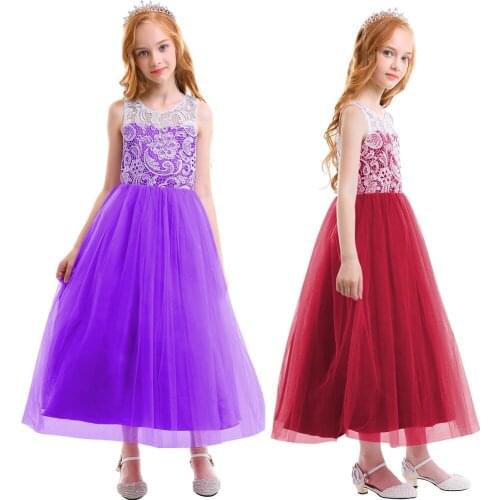 Floral Lace Tulle Princess Dress Wedding Flower Girls Dress Pleated Ball Gown Long Dress Birthday Kids Dress for Photo Shoot