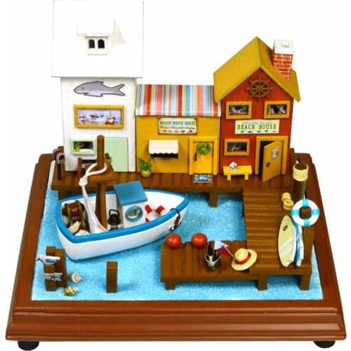 DIY Miniatures Wooden Doll House Kits Furniture Ocean Town Villa Room with Light Dollhouse Casa Toys for Girls Xmas Gifts
