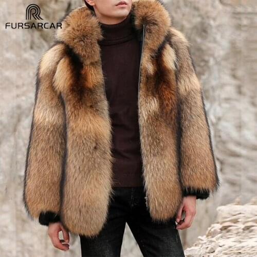 FURSARCAR Whole Skin Natural Real Raccoon Fur Coats For Men With Fur Hood Winter Real Fur Jackets Thick Warm Luxury Outerwear