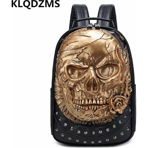 KLQDZMS Men Fashionable Skull Decoration PU Backpack Hip-Hop Style Large Capacity Personalized Decorated Travel Knapsack