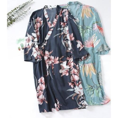Japanese Style Flower Print Pajama Summer Fashion Long Sleeve Japan Traditional Sleepwear Soft Yukata Womens Home Clothes 2021
