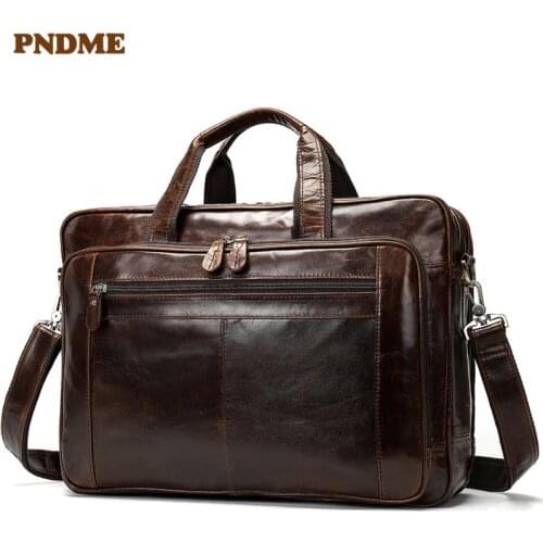 Vintage genuine leather large-capacity mens briefcase business oil wax cowhide handbag travel laptop shoulder messenger bag