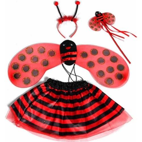 Lovely Kids Girls Bee Ladybug Wings Headband Magic Wand Skirt Theme Party Cosplay Princess Costumes Accessories Christmas