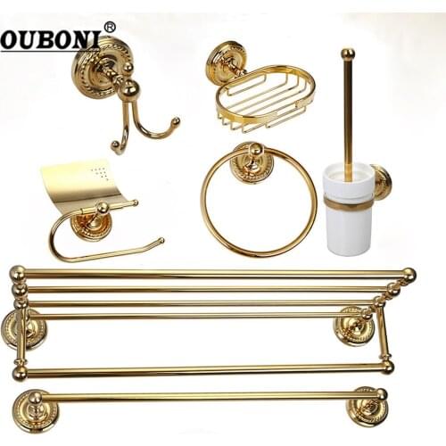 Golden Plated Bathroom Accessories paper Holder Toilet Brush Rack Commodity Basket Shelf Soap Dish Robe Hook Hair Dryer