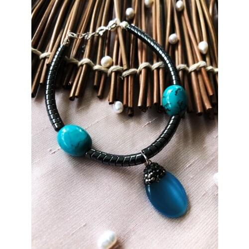 Dr Stone Luxury collection with Cat 'S Eye, Turquoise and Hematite Stone 925 Sterling Silver Women Handmade Bracelet LXDR18