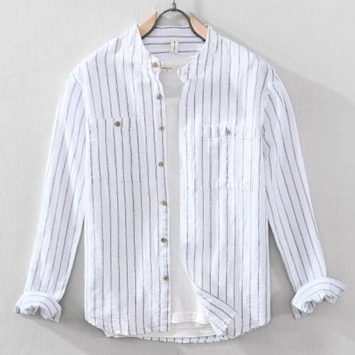 A909 Casual Shirts For Men Fashion Cotton Linen Striped Print Classic Fresh Youth Long Sleeve Loose Daily Business Male Blouse