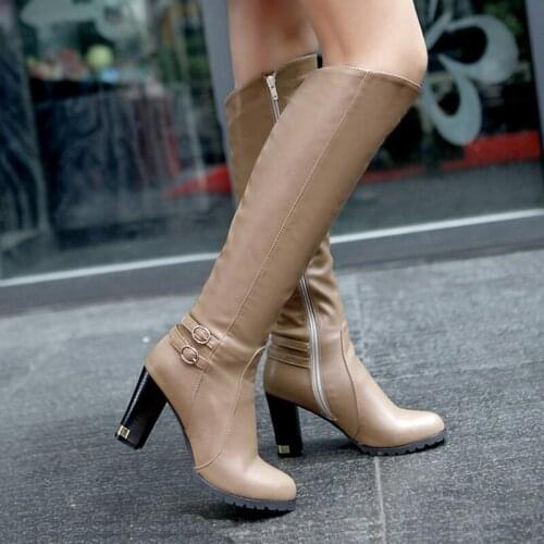 AIWEIYi Women Boots Black Brown Square High Heel Knee High Boots Fur Warm Winter Ladies Snow Boots Knight Boots