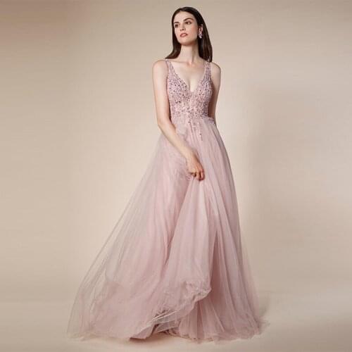 Sexy Pink Long Slit Prom Dresses V Neck Crystals Beaded Tulle Formal Evening Gown Party Dress Backless
