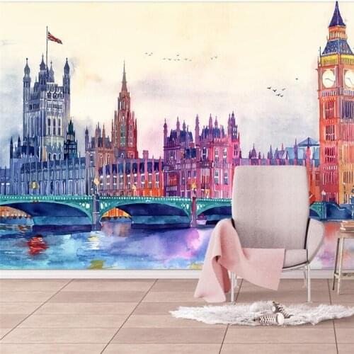 Wellyu Watercolor European famous architecture TV sofa wall custom large mural green wallpaper papel de parede para quarto