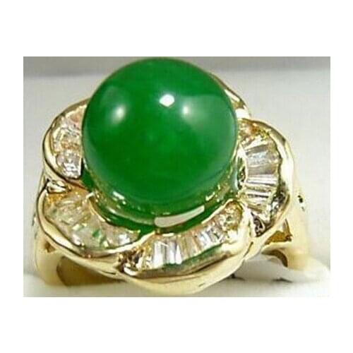 Jewelry Rose Flower Carved inlay Zircon Green JADE Gold Plated Rings
