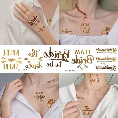 10pcs Disposable Metallic Temporary Tattoos Fake Bride Bridesmaid Wedding Party Tattoos DIY Arrow Love Washable Tatoos Sparkle