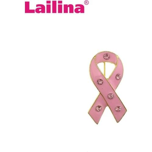 50pcs/lot Zinc Alloy Rhinestones Breast Cancer Awareness Pink Ribbon Brooch Pin with enamel