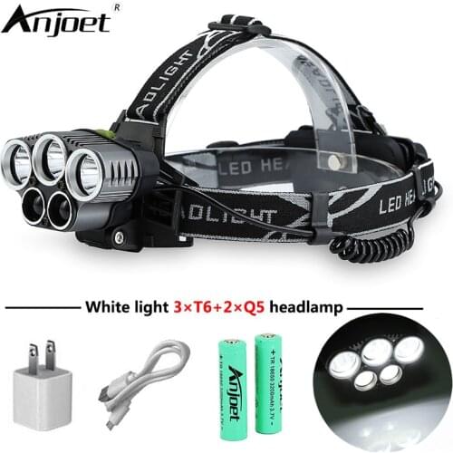 ANJOET 5 led headlamp head lamp headlight XML-T6 Q5 4000 lumens powerful led flashlight torch + 18650 battery + USB cable