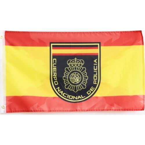 Bandera de España con la sombra de la Cruz de Borgoña y el escudo del Cuerpo Nacional de Policía Policía Nacional