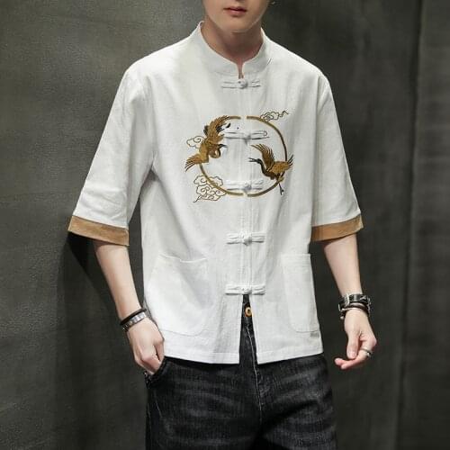 Chinese Style Men Embroidered Short Sleeve Shirts Tang Suit Retro Qipao Tops Cotton Linen Casual Blouse Zen Tea Cardigan Coats