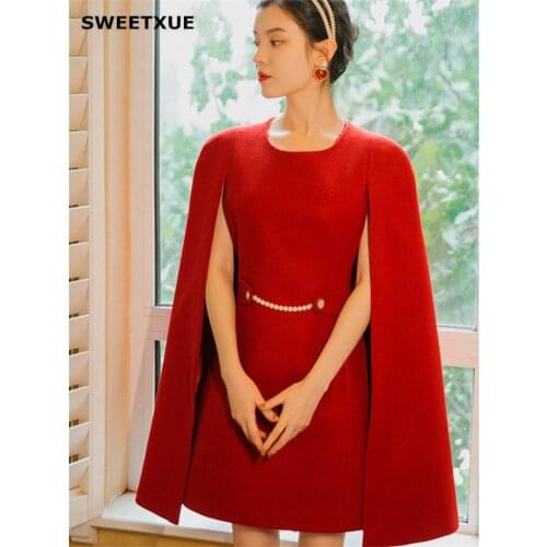 SWEETXUE Red Woolen Cloak Sleeves Womens New 2020 Fashion Temperament Chic Mini Party Dresses Ladies Femme
