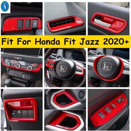 Door Handle Bowl / Steering Wheel / Head Lights Lamps Button Panel Cover Trim Red ABS Interior Kit For Honda Fit Jazz 2020 2021