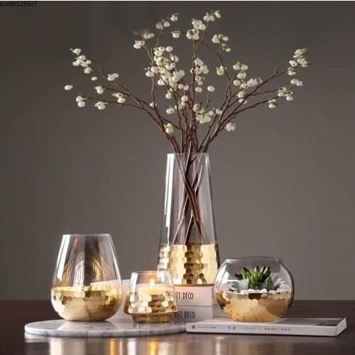 Creative Gold-plated Hydroponic Glass Vase Candle Holder Flower Arrangement Golden Honeycomb Vase Bedroom Living Room Decoration