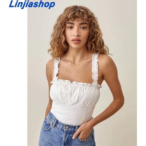 Summer Ruffles Sexy Skinny Women Tank Tops Spaghetti Strap Sleeveless Casual Female Tanks Solid Cotton Fashion Lady Short Top