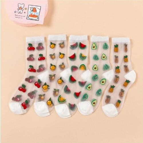 Summer Ultra-Thin Transparent Fruit Print Avocado Watermelon Lace Socks Women Cute Elastic Glass Silk Sock Harajuku Casual Soxs