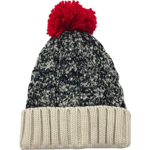 New Winter Color Mixture Wool Thick Knitted Hat Womens Autumn and Winter Warm Beanie Cute Yarn Furry Ball Hat