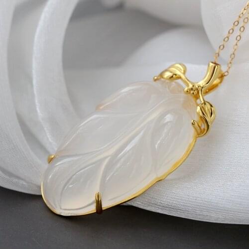 Authentic 925 Sterling Silver Inlaid Natural Chalcedony tree leaf National Style Gold Plated Pendant Female Trendy Jewelry Gift
