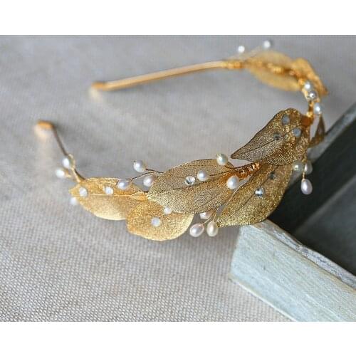 Gorgeous Bridal Headband Golden Leaves Bridal Headdress Natural Pearl Wedding Hair Accessories