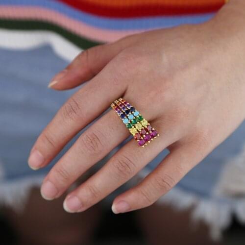 Gold filled fashion jewelry rainbow long bar prong setting round clear cz engagement ring for women colorful eternity band ring