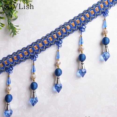 QGVLish 12M Crystal Beads Curtain Lace Trim Ribbon DIY Sewing Sofa Stage Lamp Valance Decor Lace Tassel Belt Curtain Accessories