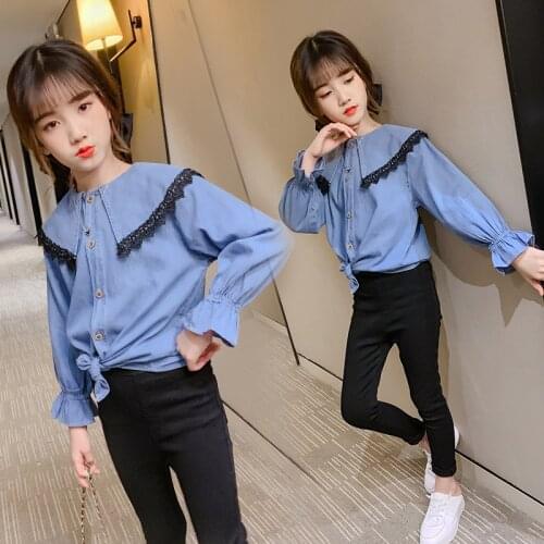 FYH Girls Clothing Kids Denim Shirt Children Long Sleeve Blouses School Girls Stylish Turn-down Collar Shirt for 4 6 8 10 12 14Y