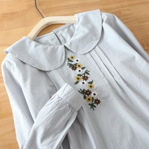 Lamtrip Floral Embroidery Kawaii Peter Pan Collar Doll Shirt Plaid Blouse Mori Girl
