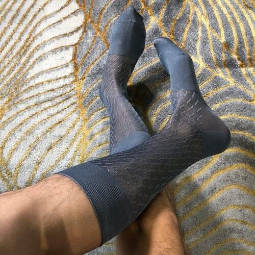 Sexy Mature Man Sheer Thin Socks Dress Socks Formal Occassions Dressing Mid Calf Socks Wave Patterns Large Toe Reinforcement