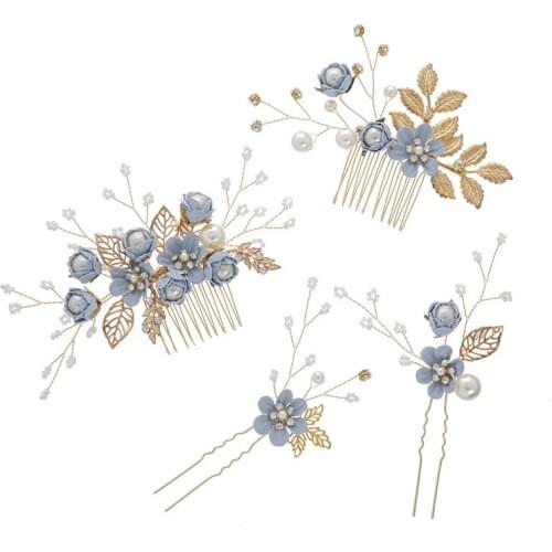 Bridal headwear Senmei Xianmei light blue powder white flower hair comb hairpin Korean wedding wedding dress accessories