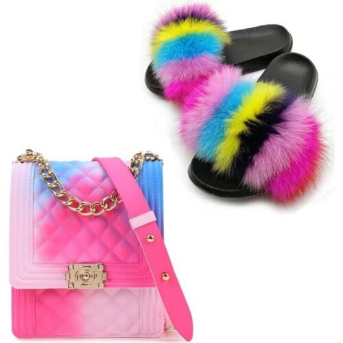 Ladies Fur Slides Fashion Jelly Bag Handbag Fluffy Slides Flat Sandals Colorful Bag Luxury Brand Shoes Bag Set Elegant Shoes