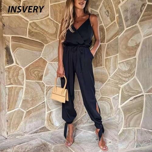 Elegant Summer Jumpsuit Women Sleeveless Lace Up Solid Pocket Loose Playsuit V Neck Sexy Long Bodysuit Streetwear 2021