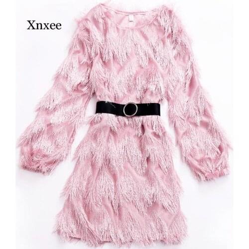 Lady New Fur A-Line Mini Dress Women Fashion Round Neck Y2K Long Sleeve Elegant Solid Party Vestidos Sweety Banquet Clothings