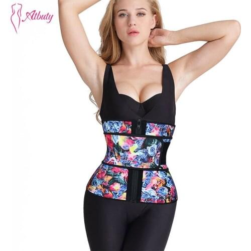Atbuty High Compression Waist Trainer Cincher Zipper Rose Printing Tummy Lose Weight Latex Body Shapers Corsets