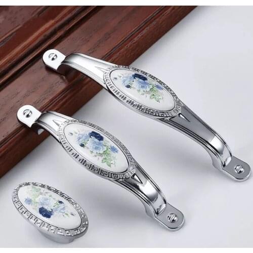 Free shipping Rural flower Drawer dresser door handles 5"Wardrobe pulls Ceramic funiture knobs Cupboard cabinet handles 96/128mm