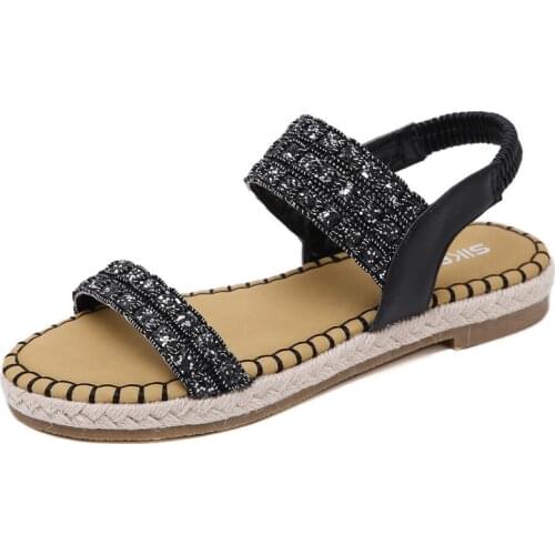 Bohemian Summer Shoes Sweet Womens Sequin hemp rope Flat Sandals High Quality Casual Flats Plus Size 35-42 Sandalias