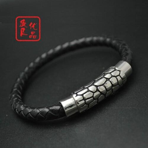 New Arrival Snakeskin Veins Stainless Steel Tubes Bangles 8'' Black Genuine Leather Magnet Clasp Bracelets Christmas Gift 5pcs