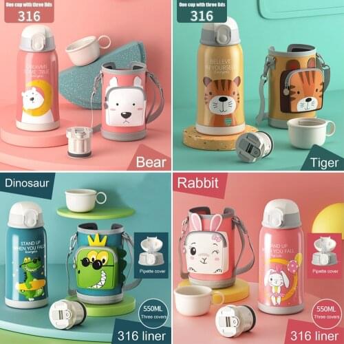550Ml Cartoon Cute Straw Stainless Steel Water Bottle Outdoor Juice Drinking Cup Kettle Thermoses Mug Suitable For Girl Children