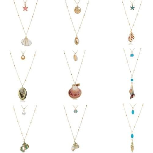 SOHOT Trendy Bohemia Style Double Layer Natural Shell Women Pendant Necklace Chic Bead Chain Statment For Beach Party Jewelry