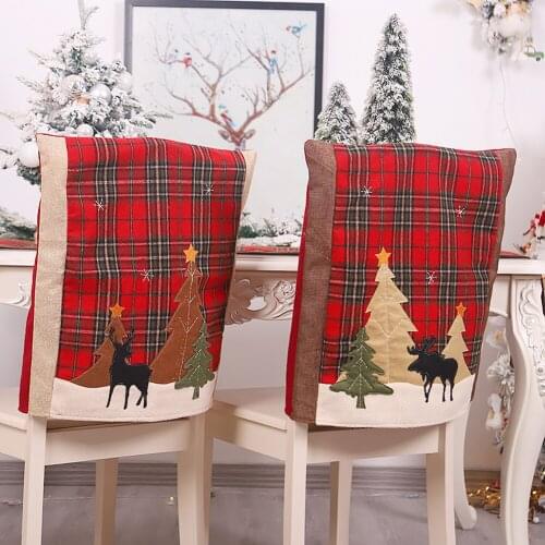 Christmas Chair Back Cover Christmas Forest Plaid Elk Chair Cover Christmas Home Restaurant Atmosphere Decoration
