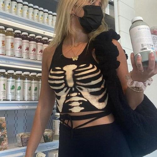 Skull Y2k Gothic Tank Top Ribbed E-girl Cropped T-Shirts Women Casual Corset 2021 Fitness Vest Dark Academic Aesthetic Crop Tops