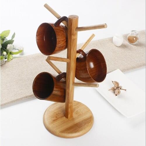 Wood Coffee Tea Cup Rack Tree Shape Storage Holder Stand Home Kitchen Mug Hanging Display Drinkware Shelf With 6 Hooks