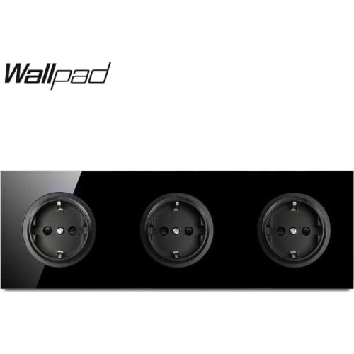 Wallpad L6 Black Tempered Glass Triple Frame EU Wall Socket 3 Gang Electrical German Power Outlet 16A Round Design