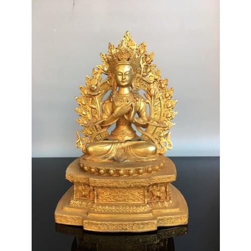 11" Tibet Buddhism Temple bronze Gilt gold White Tara Bodhisattva Statue Avalokitesvara statue Three Longevity