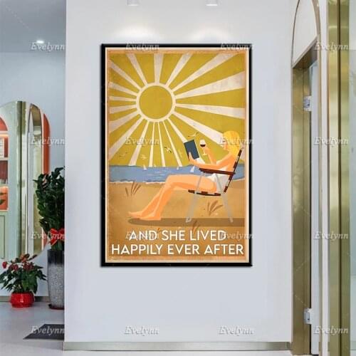 And She Lived Happily Ever After Books Lover Poster,Summer Time Wall Art,Vacation Beach Prints,Ocean Lovers Canvas,Book And Wine