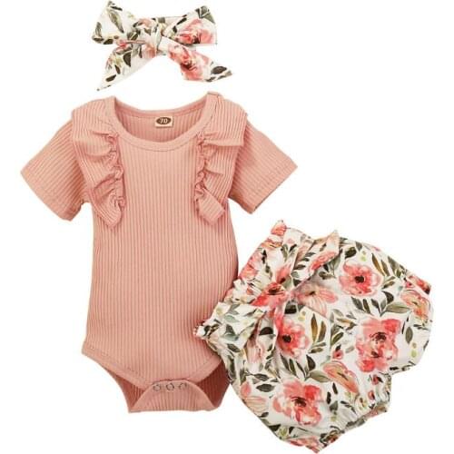 3PCS Summer Baby Girl Outfit Set Short Sleeve Ruffle Romper Short Flower Shorts Hairband Girls Clothing 0-24M